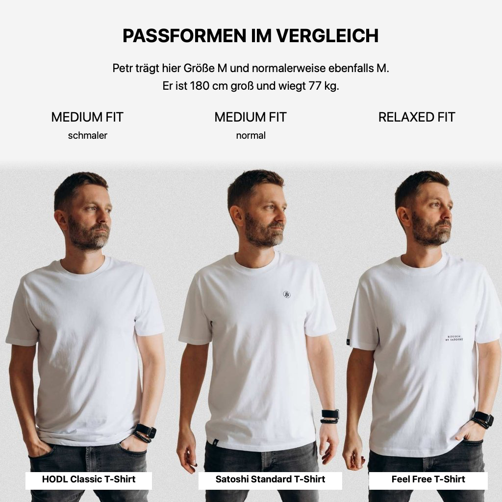 Passformen im Vergleich: HODL Classic, Satoshi Standard und Feel Free in Weiß; Petr trägt Größe M bei 180 cm und 77 kg.