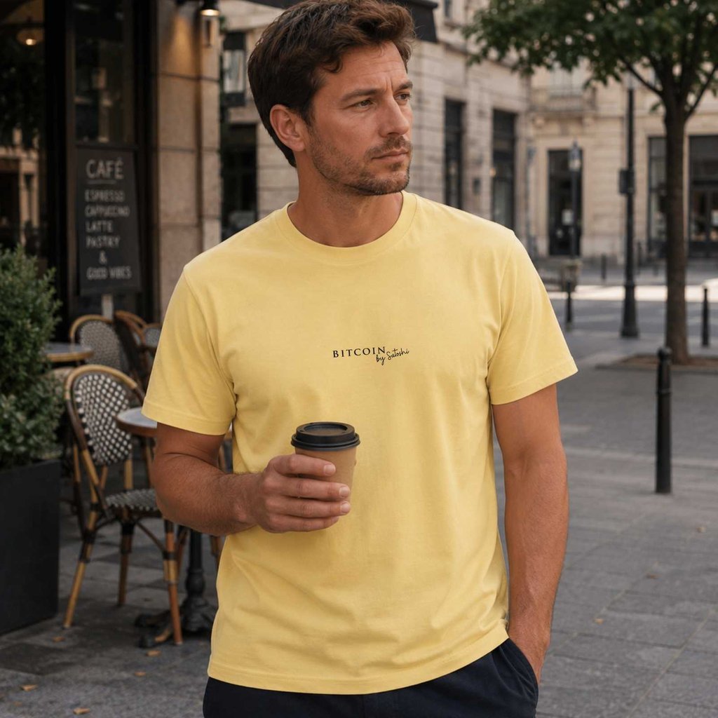 Satoshi Signature T-Shirt in Gelb am Model