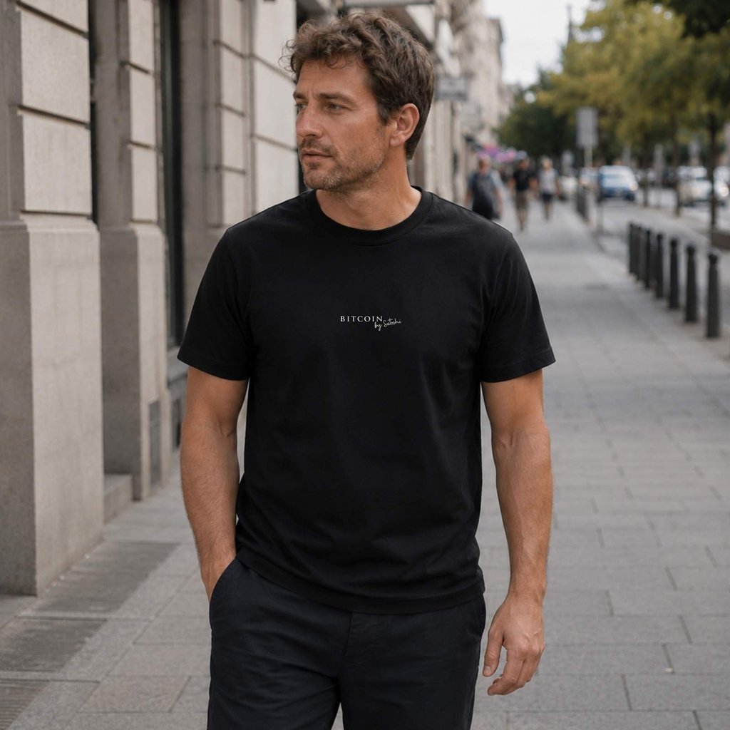 Satoshi Signature T-Shirt in Schwarz am Model