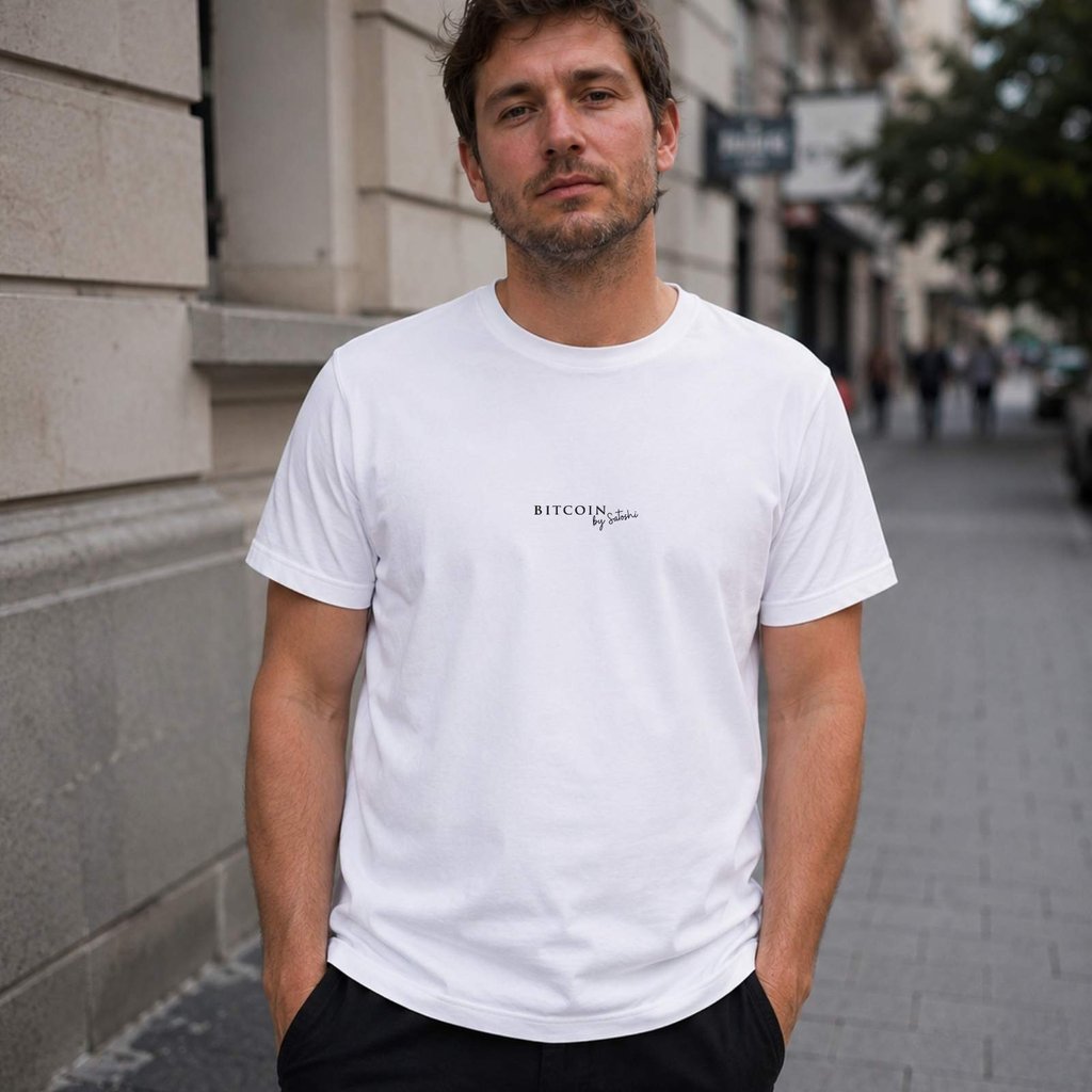 Satoshi Signature T-Shirt in Weiß am Model